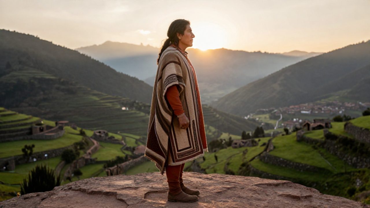 Un líder andino con vestimentas de lana tejidas observa el valle de Cusco desde una terraza rocosa durante el amanecer.