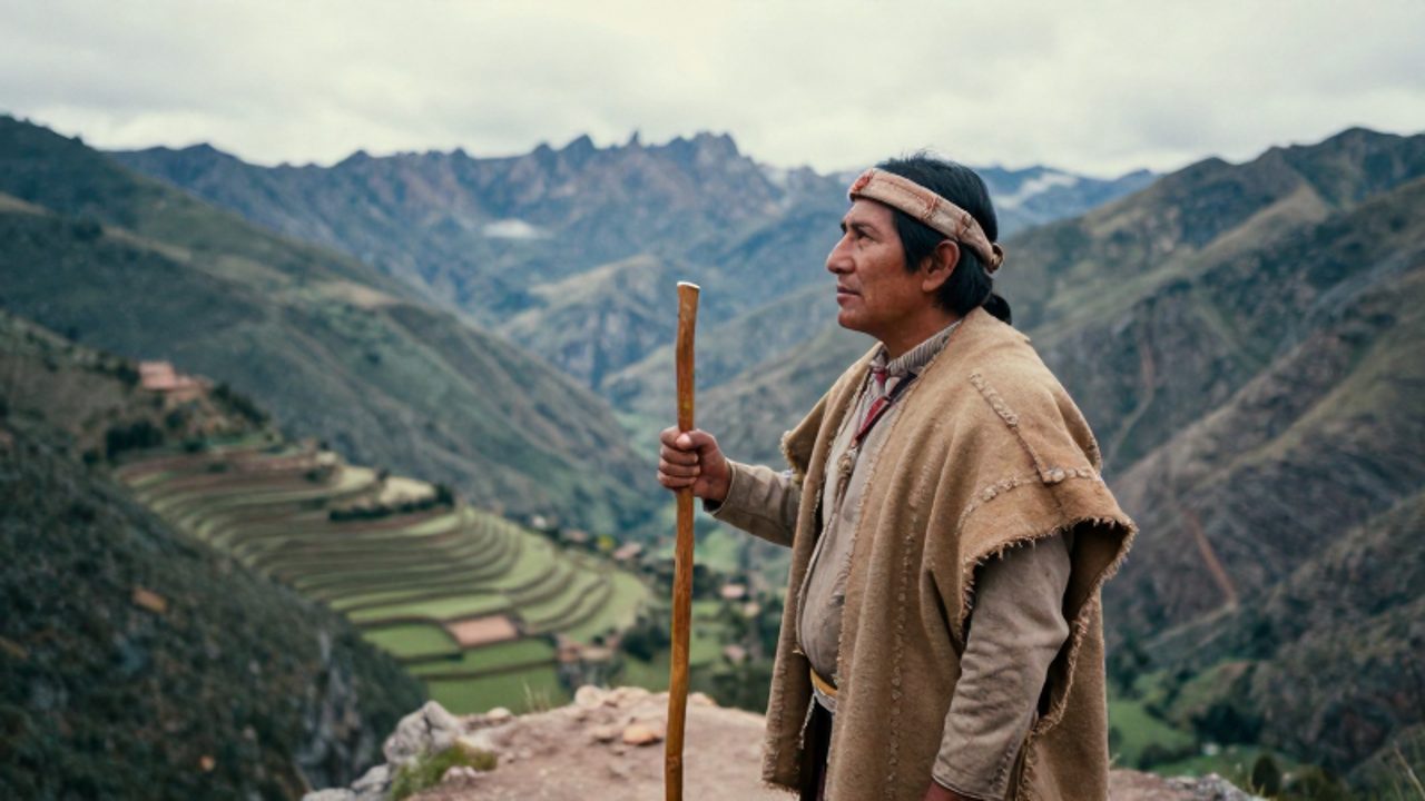 Un líder preincaico con textiles tradicionales observa desde una cresta andina un valle nublado con terrazas de cultivo.