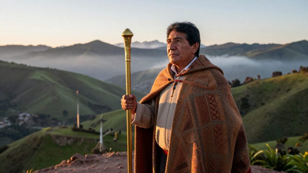 Un líder andino con vestimentas tradicionales sostiene un bastón de oro mientras observa el valle de Cusco bajo la luz del amanecer.
