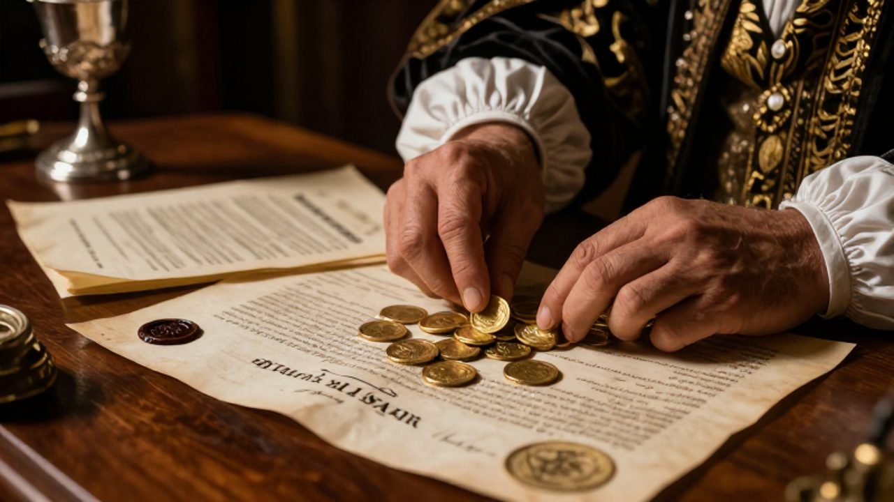 Manos de un hombre con vestimenta de seda revisando monedas de oro y documentos legales con sellos de lacre sobre una mesa de madera.