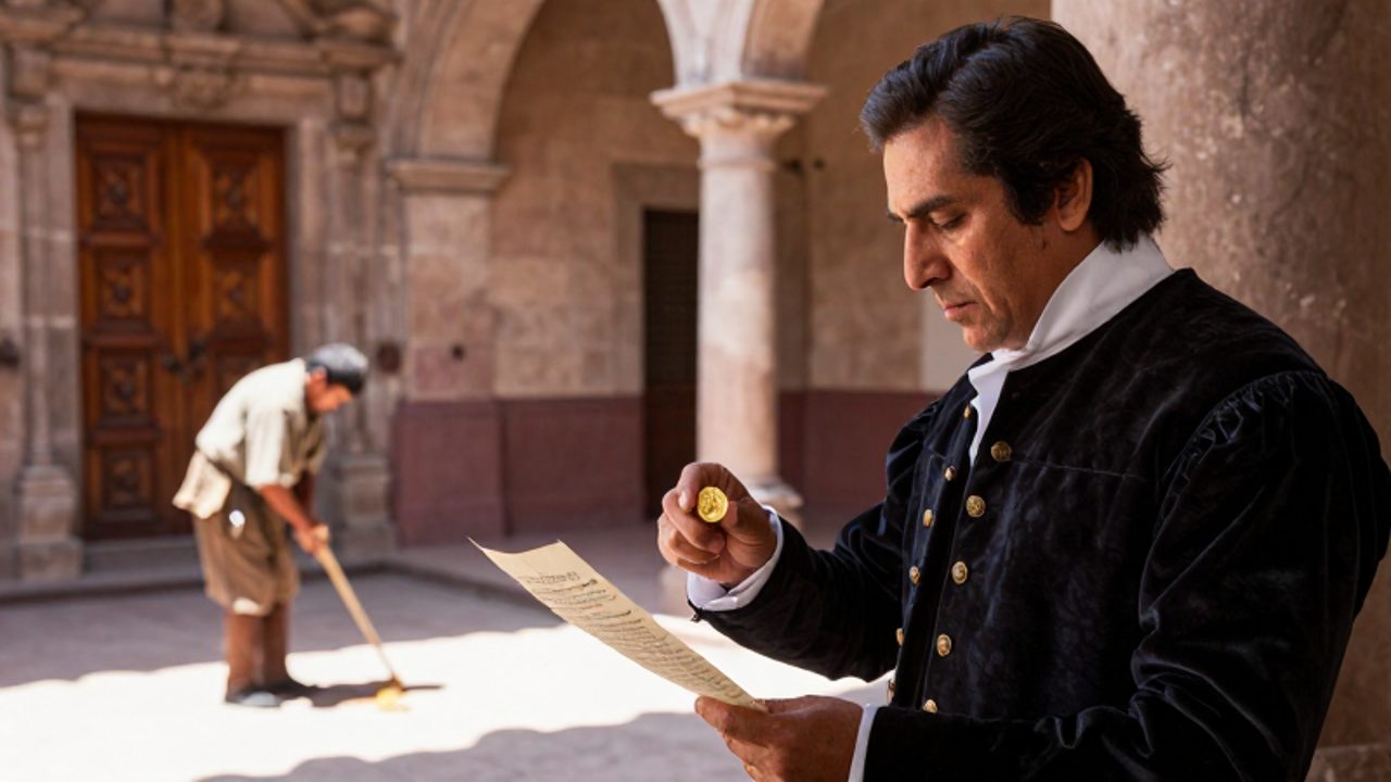 Un comerciante criollo de la época colonial examina una moneda de oro y un documento oficial, mientras un trabajador mestizo labora al fondo en un patio colonial.