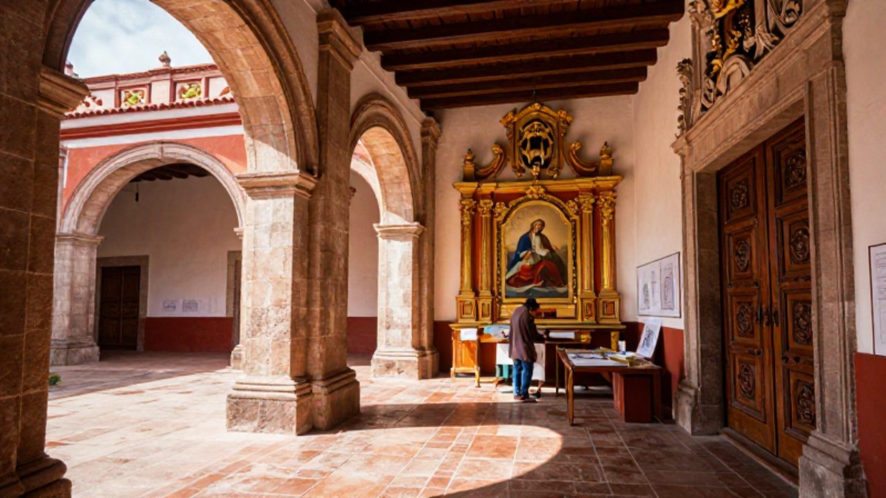 Un artesano trabaja en una pintura religiosa dorada en el patio de un convento colonial peruano con un retablo barroco al fondo.