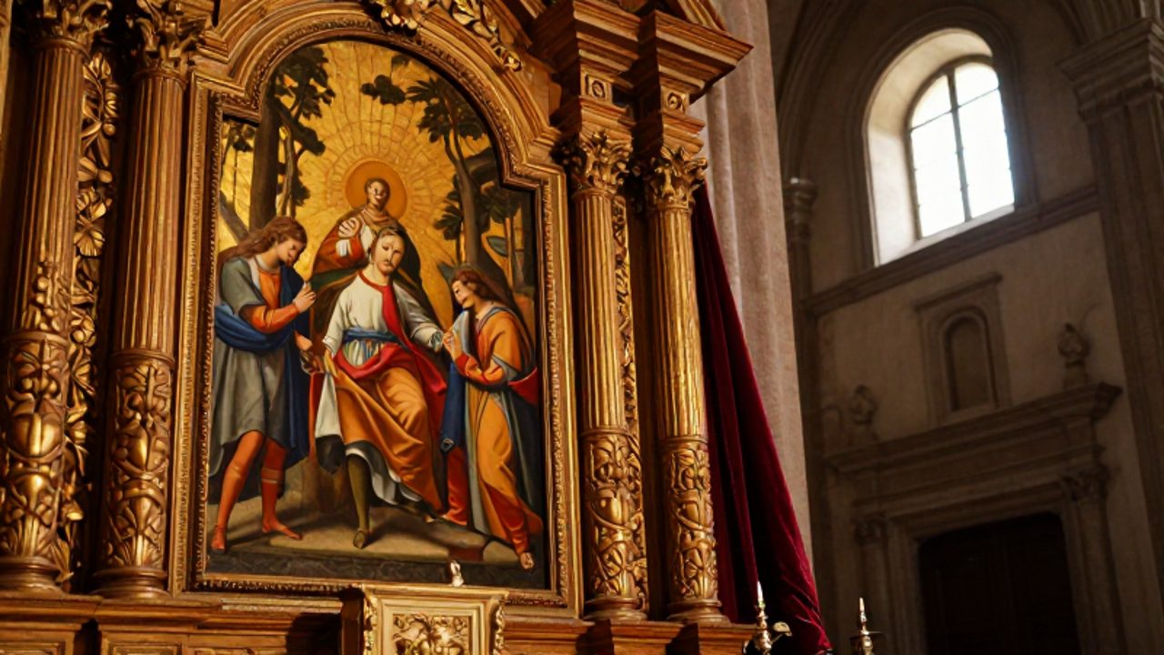 Detalle de un retablo barroco del siglo XVII en Perú con una pintura de la Escuela Cuzqueña decorada con pan de oro y motivos florales andinos.