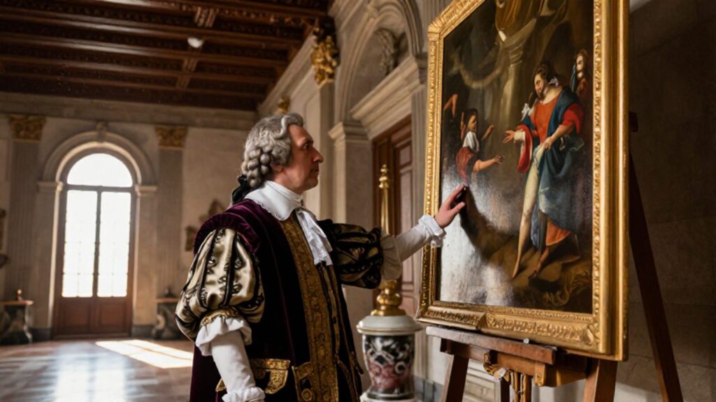 Un virrey del siglo XVIII observa con atención una pintura al óleo en un palacio colonial de Lima.