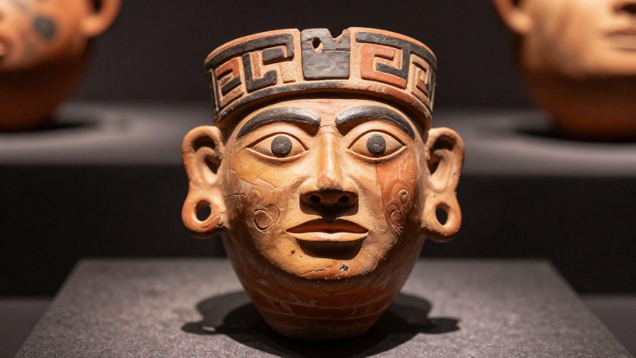 Primer plano de un huaco retrato moche con un rostro humano realista esculpido en cerámica de tonos ocres sobre una superficie de piedra.