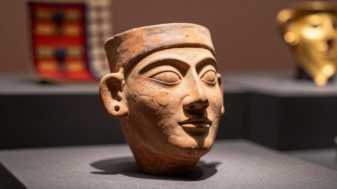 Huaco retrato de la cultura Moche con rasgos humanos realistas sobre una superficie de piedra oscura.