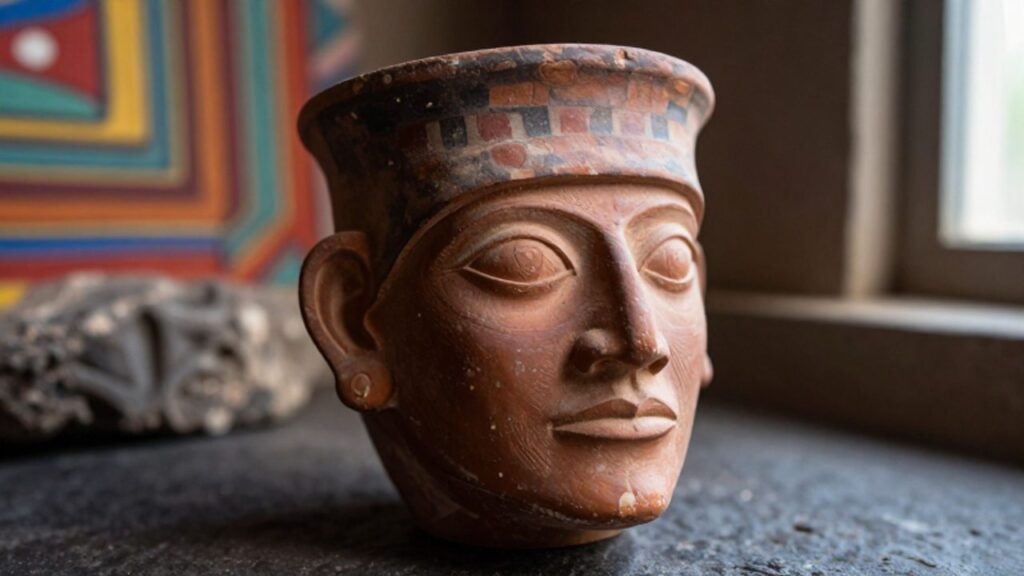 Huaco retrato de la cultura Moche con rasgos faciales detallados sobre una superficie de piedra en un entorno arqueológico.