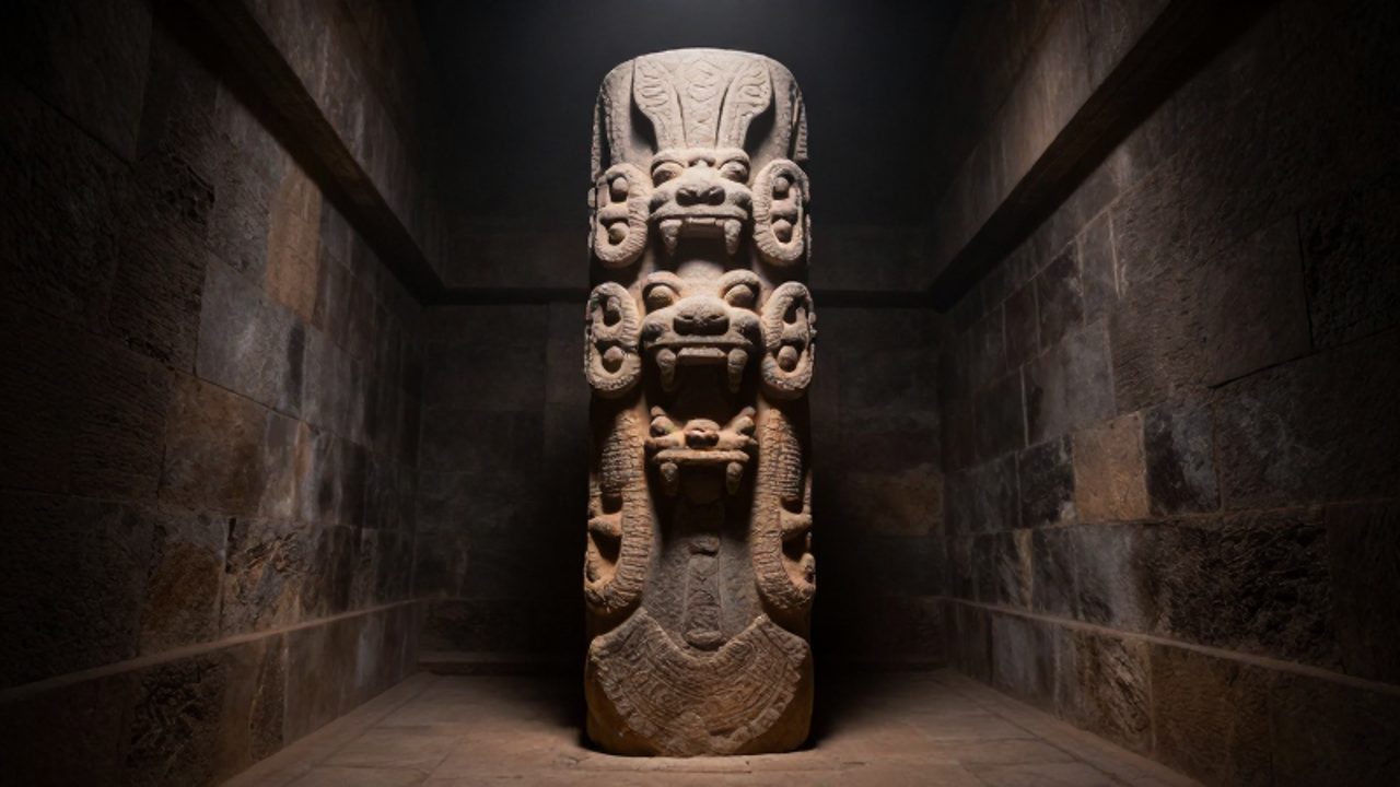 El Lanzón Monolítico de granito tallado con figuras de serpientes y colmillos erguido en el interior de un estrecho y oscuro pasadizo de piedra en el templo de Chavín de Huántar.
