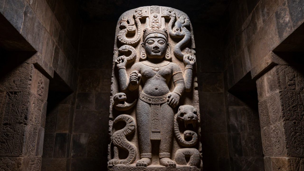 El Lanzón Monolítico, una escultura de piedra con relieves de jaguares y serpientes, erigido verticalmente dentro de una galería subterránea de piedra en el templo de Chavín de Huántar.