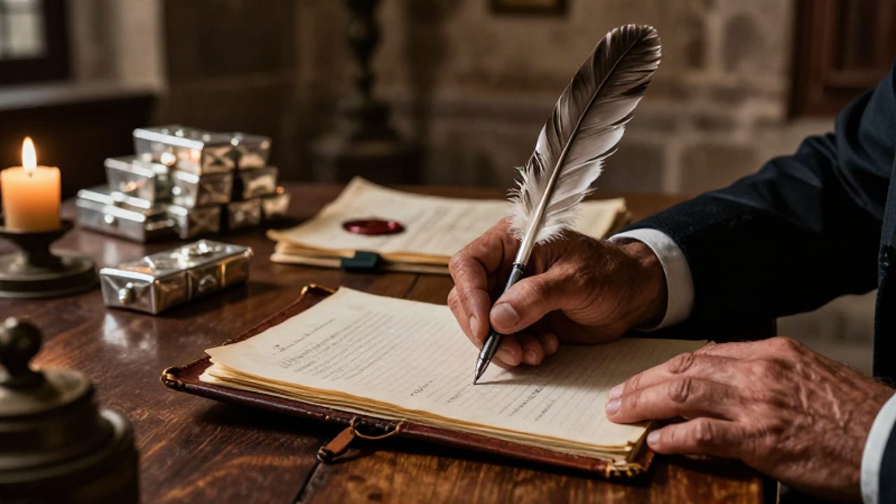 Mano de un funcionario colonial escribiendo en un libro de cuentas sobre un escritorio de madera, con lingotes de plata y documentos al fondo.