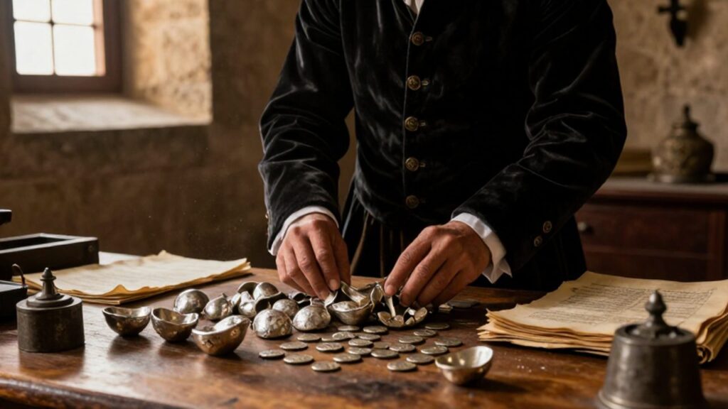 Un funcionario español de la época colonial inspecciona lingotes de plata y monedas sobre una mesa de madera en una tesorería de piedra.