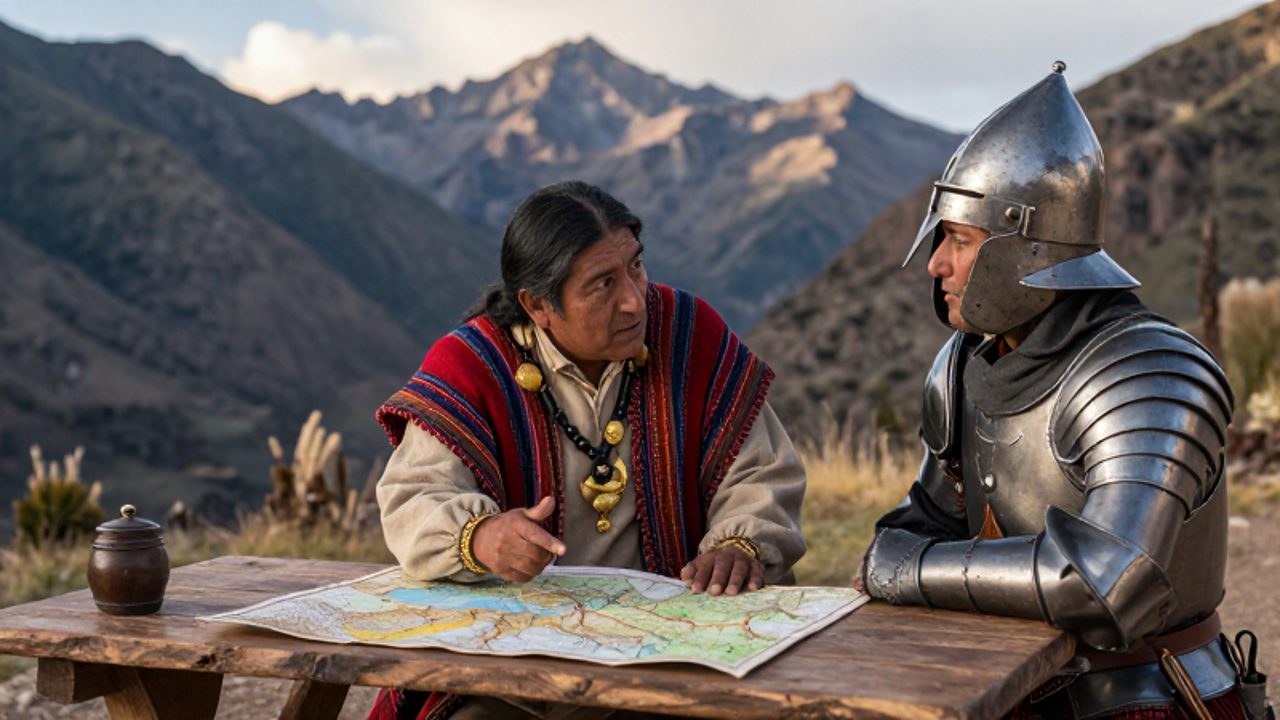 Un curaca andino con vestimentas tradicionales y adornos de oro discute un mapa con un conquistador español sobre una mesa de madera en un valle de los Andes.