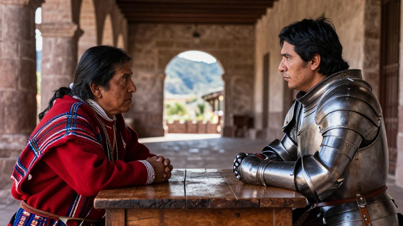 Un curaca andino con textiles tradicionales mantiene una negociación seria con un conquistador español con armadura de acero en un patio de piedra.
