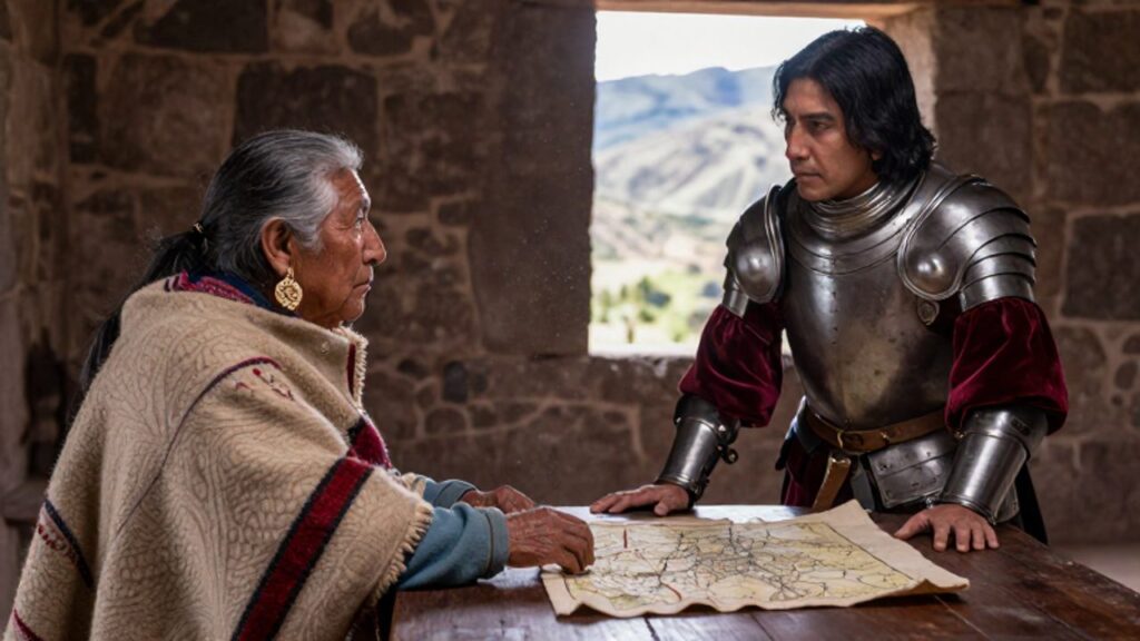 Un curaca andino y un conquistador español negocian estratégicamente sobre un mapa de tela en una estancia de piedra.