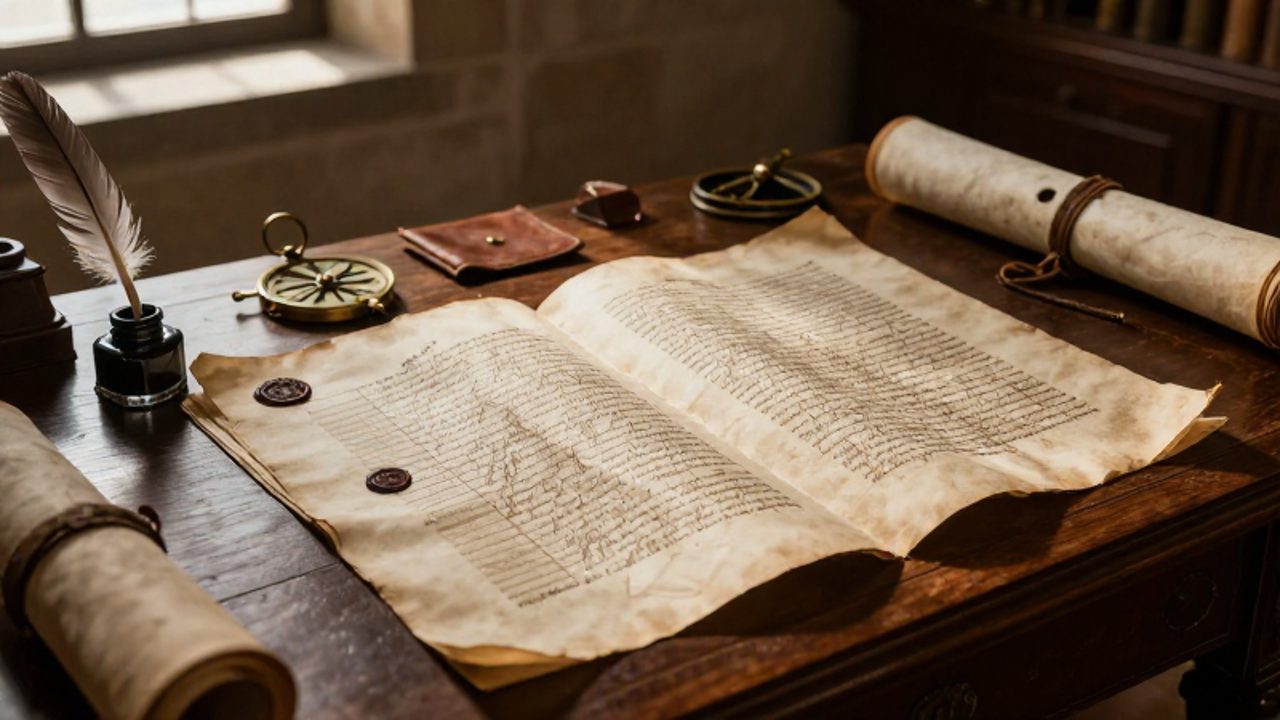 Manuscrito antiguo con caligrafía española y sellos de cera sobre un escritorio de madera, junto a una pluma y un compás en un despacho colonial.