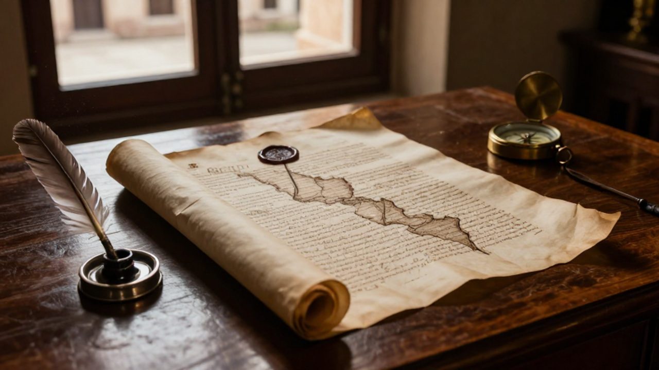 Documento colonial con caligrafía antigua y sello de lacre sobre un escritorio de madera, junto a una pluma y un compás de latón.