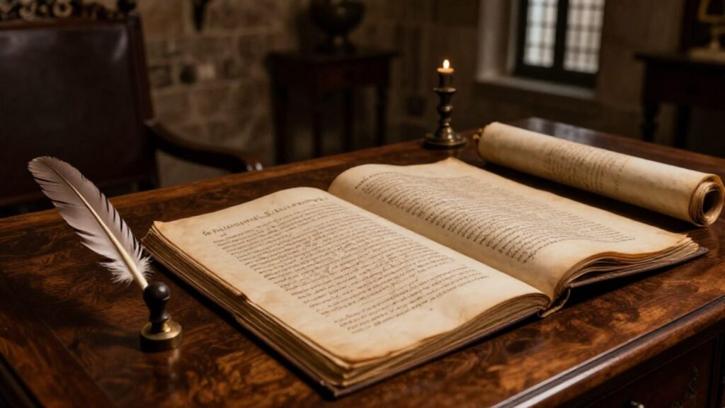 Manuscrito antiguo con caligrafía española, una pluma y un sello de cera sobre un escritorio de madera en una oficina de época colonial.
