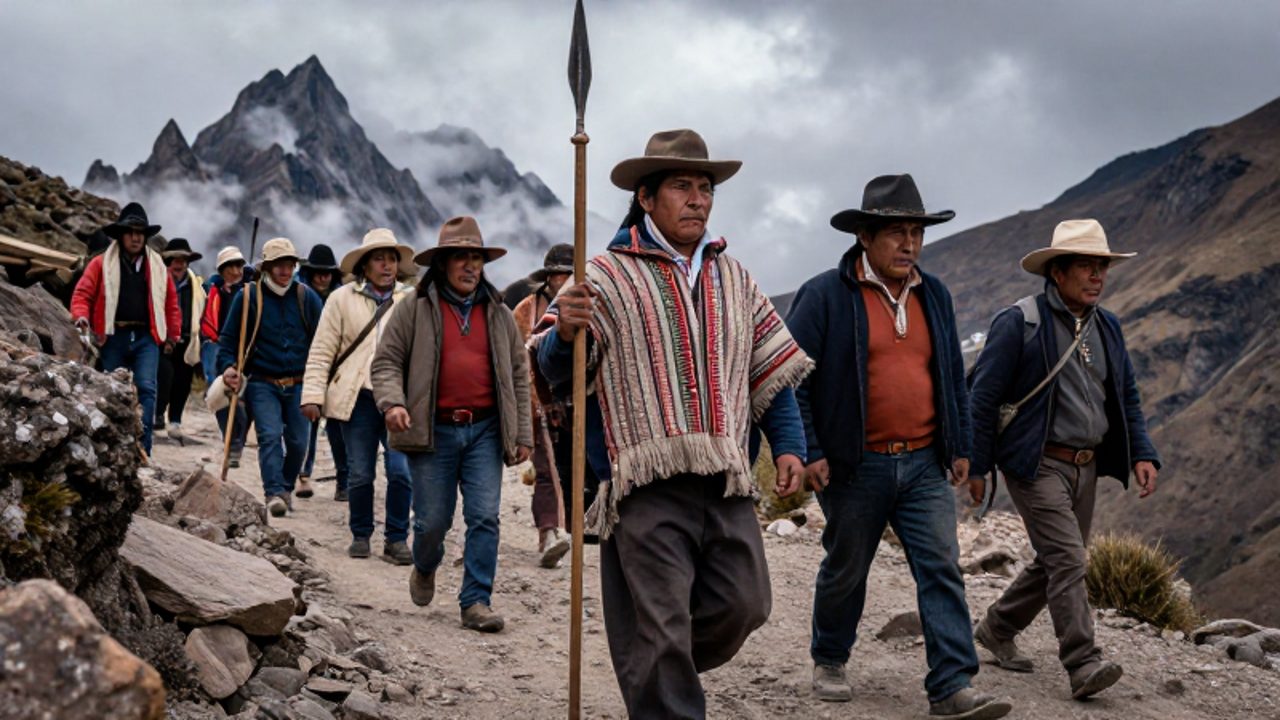 Grupo de rebeldes indígenas y mestizos marchando con determinación a través de un accidentado paso de montaña en los Andes peruanos.