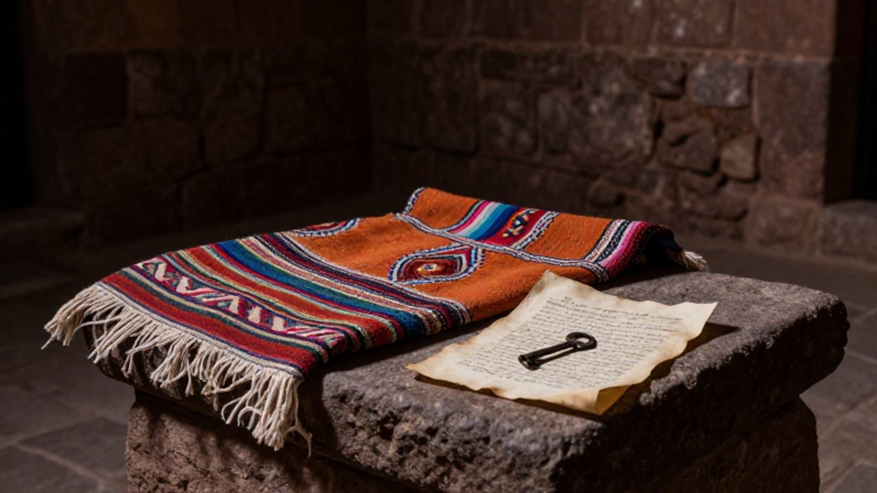 Textil andino tejido a mano junto a un pergamino antiguo y una llave de hierro sobre un pedestal de piedra en un entorno colonial.