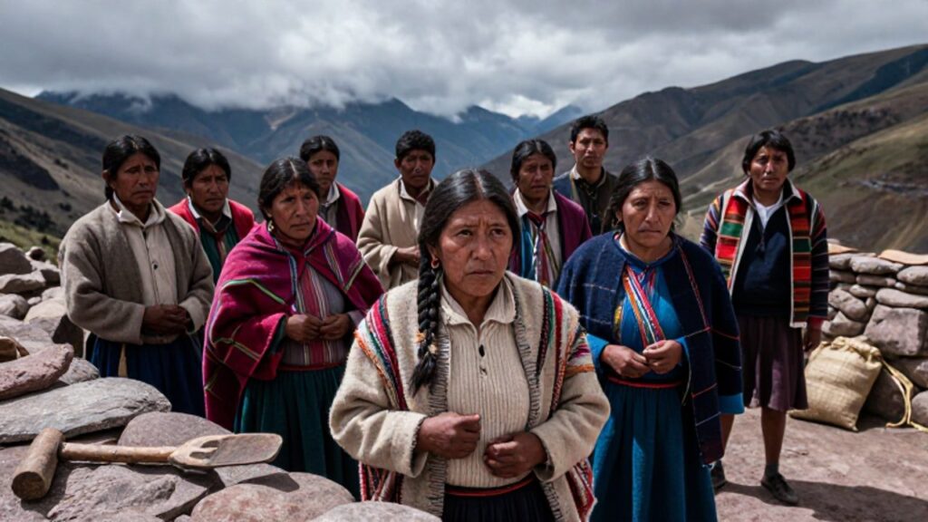Grupo de hombres y mujeres andinos con vestimenta tradicional reunidos tras una estructura de piedra en las montañas de los Andes bajo un cielo nublado.