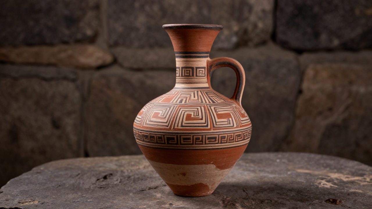 Un cántaro inca de base cónica con diseños geométricos en tonos tierra sobre una superficie de piedra.