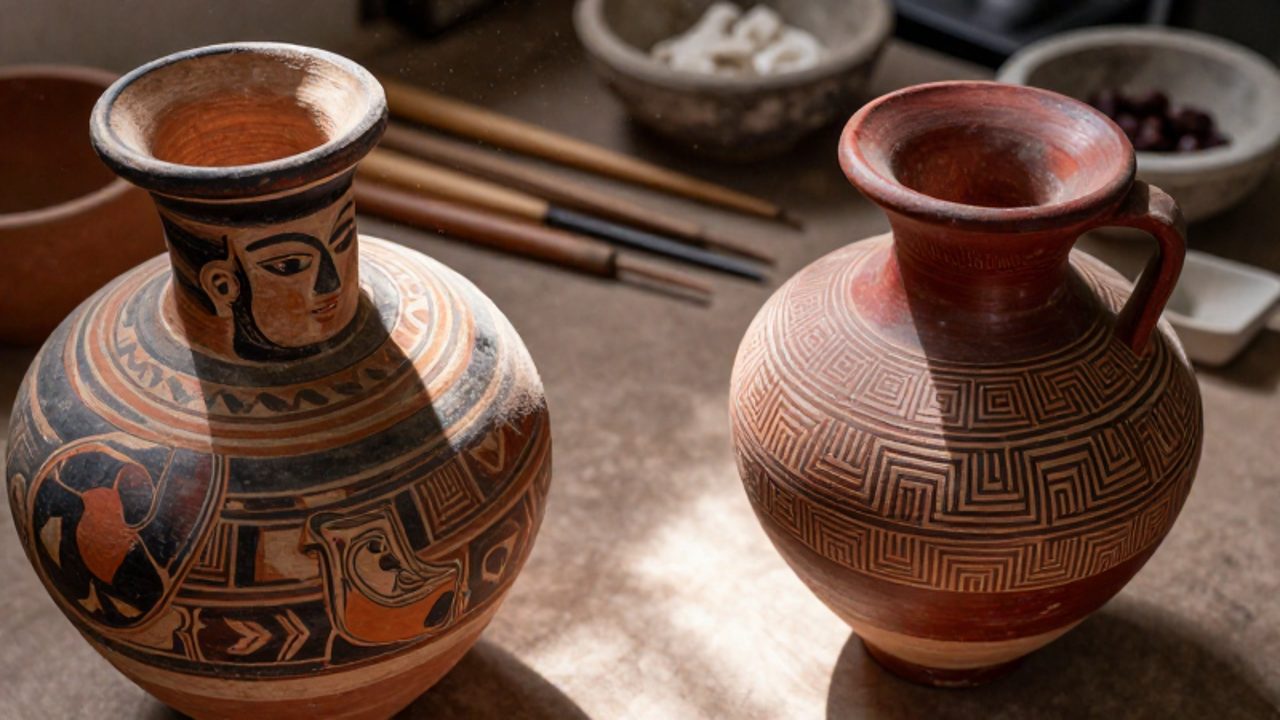 Comparación entre un recipiente Moche con figuras humanas detalladas y un aryballos inca de patrones geométricos estandarizados sobre una mesa de estudio.