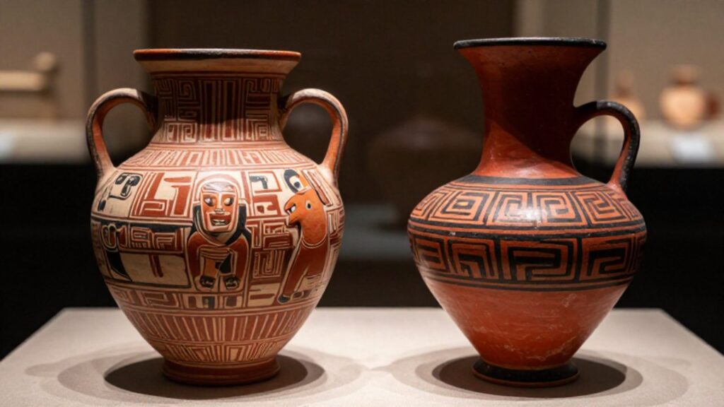 Dos vasijas de cerámica peruana antiguas comparadas, una preínca con figuras humanas y patrones polícromos, y un aríbalo inca con base cónica y diseños geométricos en rojo y negro.