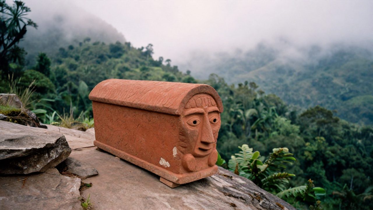 Sarcófago antropomorfo de la cultura Chachapoyas ubicado en un acantilado escarpado frente al paisaje de bosque nuboso de los Andes peruanos.