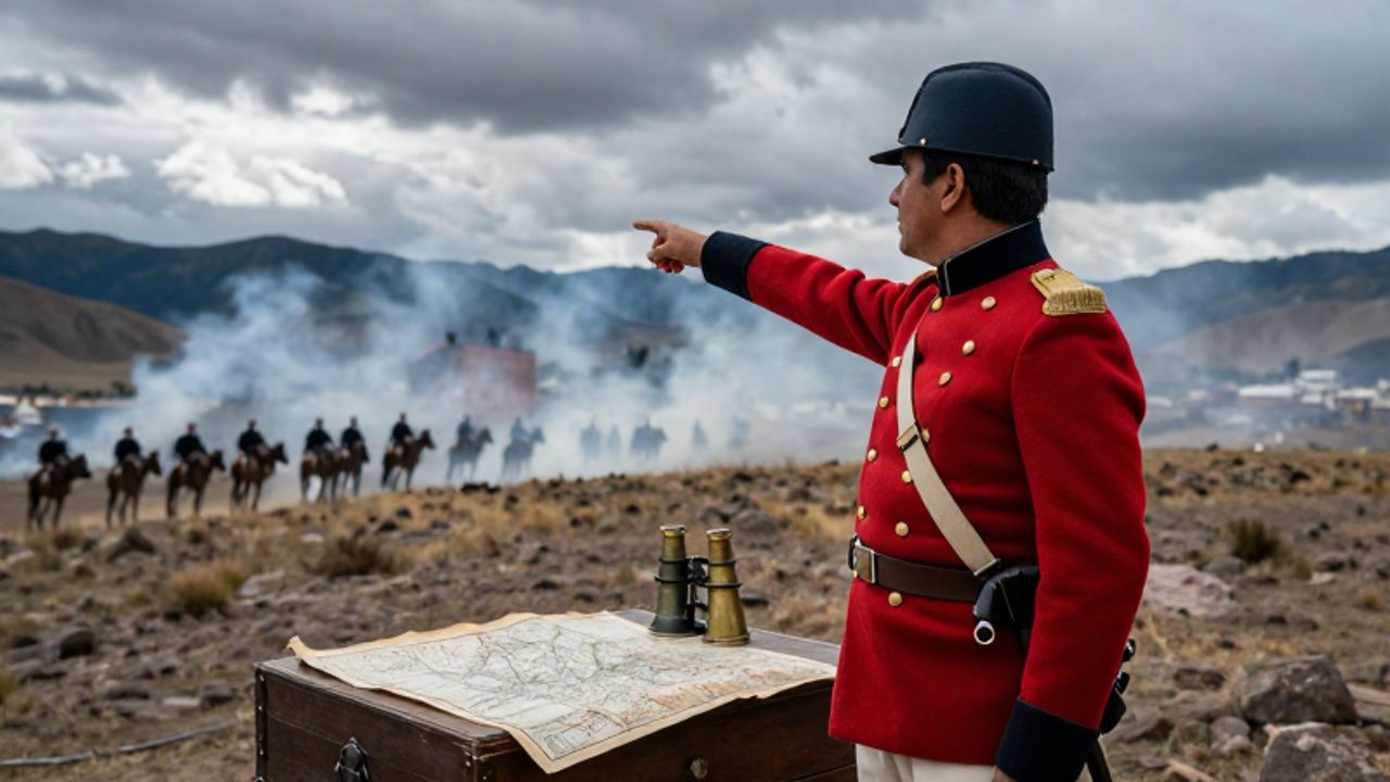 Oficial con uniforme militar del siglo XIX señala el campo de batalla sobre un mapa táctico en las montañas de los Andes peruanos.