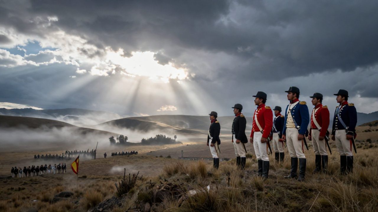 Oficiales patriotas con uniformes del siglo XIX observan desde una colina el valle andino tras la victoria en la Batalla de Ayacucho.