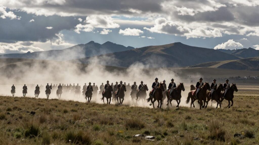 Tropas de la Armada Unida Libertadora avanzan en formación de infantería y caballería por la llanura andina durante la Batalla de Ayacucho.