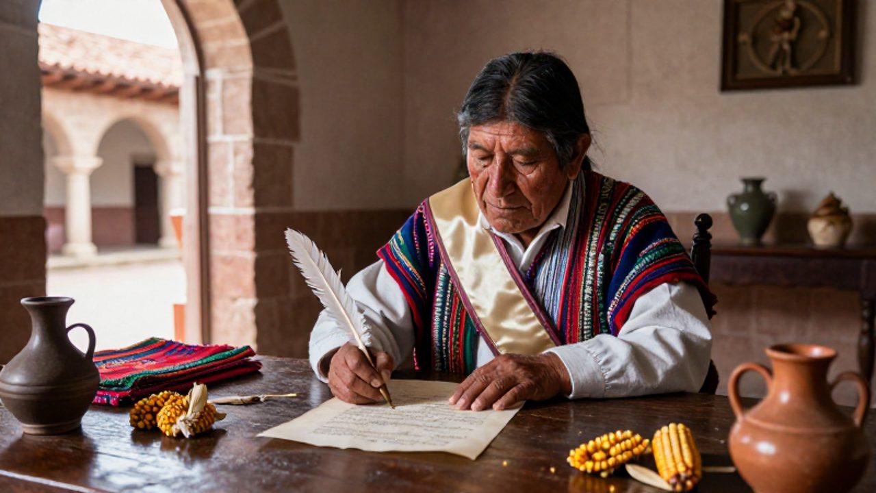 Un curaca andino con vestimenta tradicional y española registra tributos en un pergamino sobre una mesa con productos locales en una habitación de piedra.