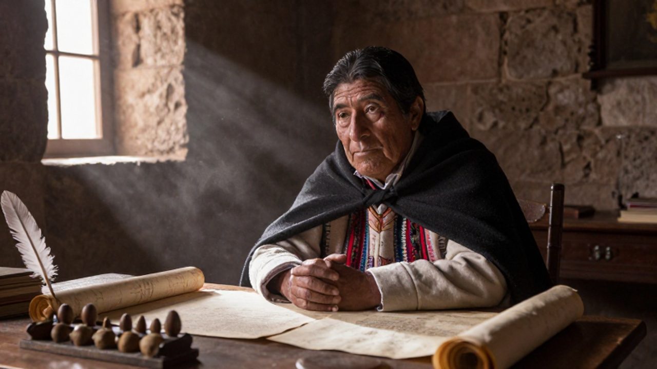 Un curaca andino con vestimenta de fusión inca y española reflexiona frente a una mesa con documentos y registros de tributos en una oficina colonial de piedra.