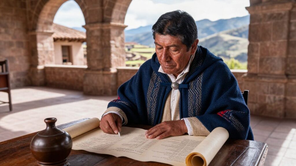 Un curaca andino de aspecto digno revisa documentos sobre una mesa de madera en un patio colonial, rodeado de textiles tradicionales y un paisaje de montañas en terrazas.
