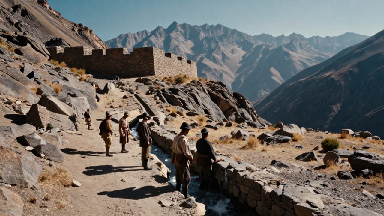 Soldados de la época colonial inspeccionan un canal de piedra y un arroyo junto a una fortificación en un accidentado valle andino.