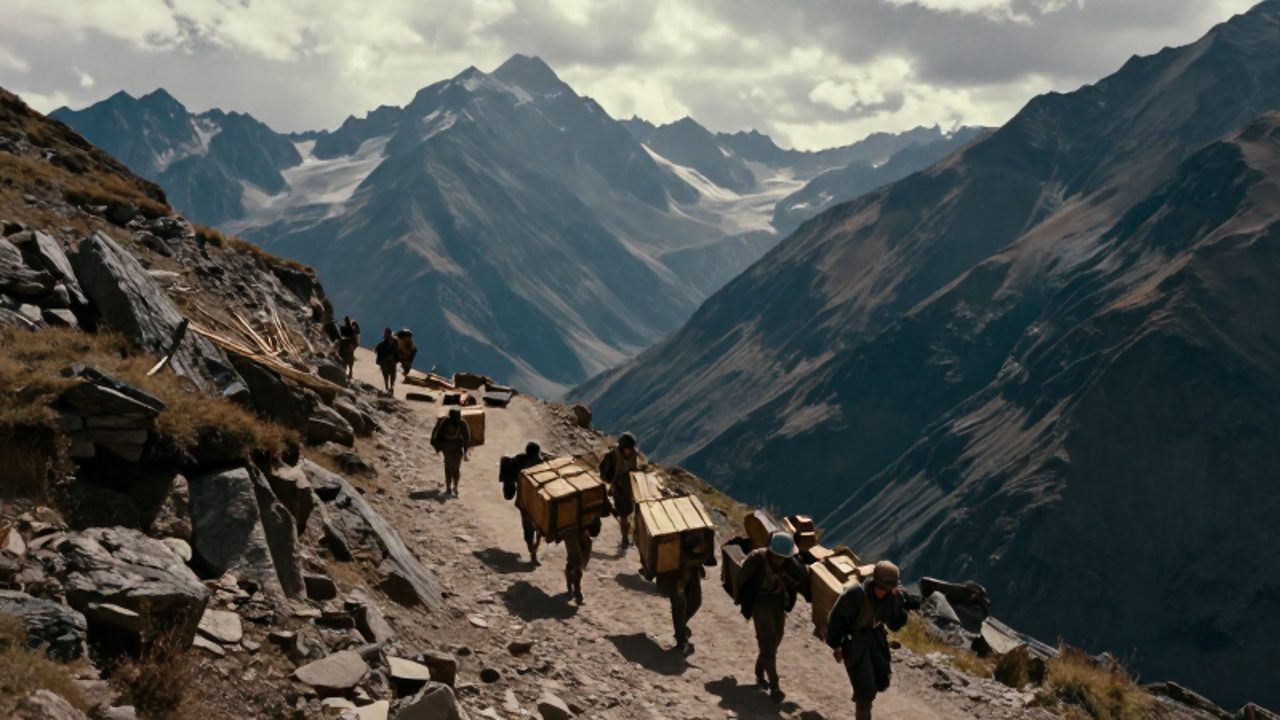 Soldados transportan suministros pesados por un estrecho y empinado sendero de montaña entre los imponentes picos de los Andes.