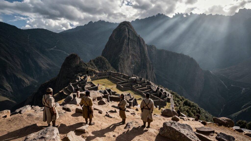 Soldados andinos vigilan desde un campamento en una cresta montañosa sobre un asentamiento fortificado en un valle profundo.