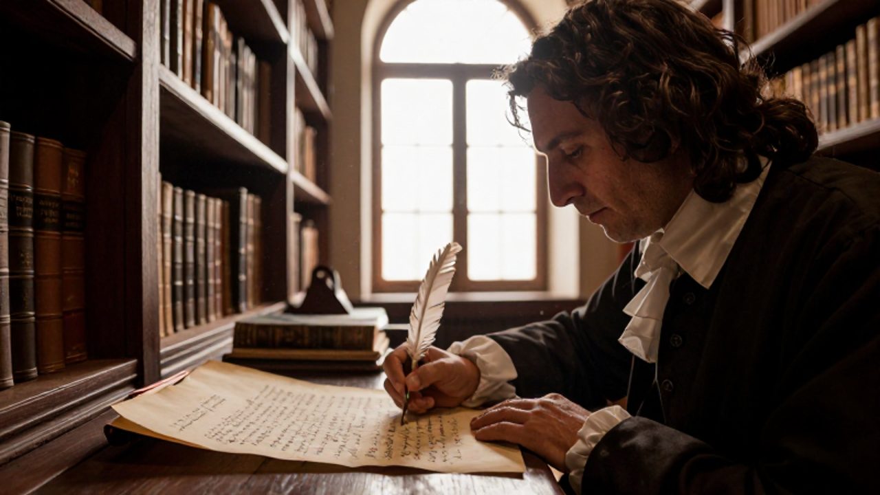 Un erudito del siglo XVIII escribe con pluma sobre un pergamino en una biblioteca colonial iluminada por la luz natural de una ventana.