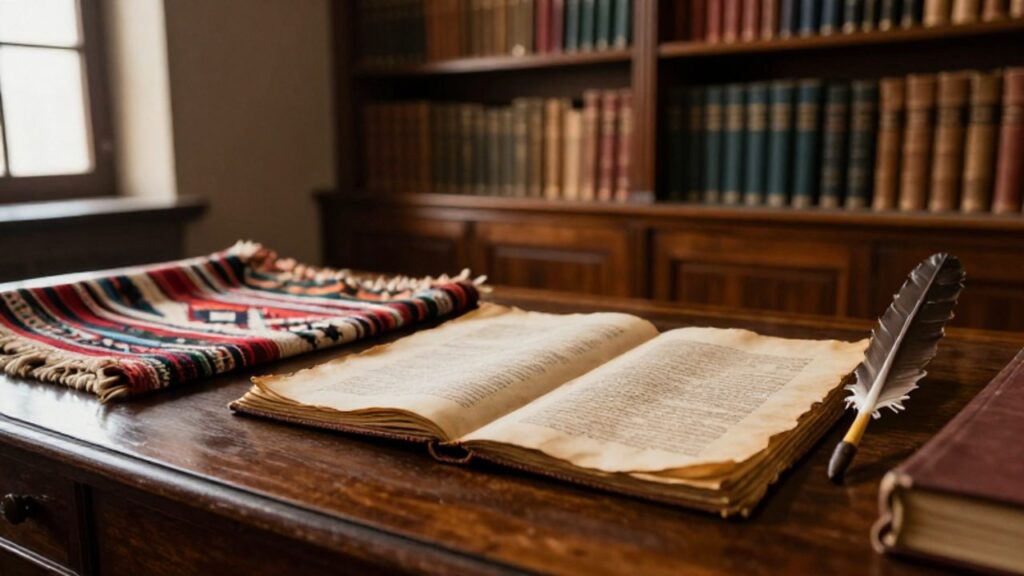 Escritorio antiguo con un manuscrito abierto, textiles andinos con patrones geométricos y una pluma de madera en una biblioteca histórica bañada por la luz del sol.