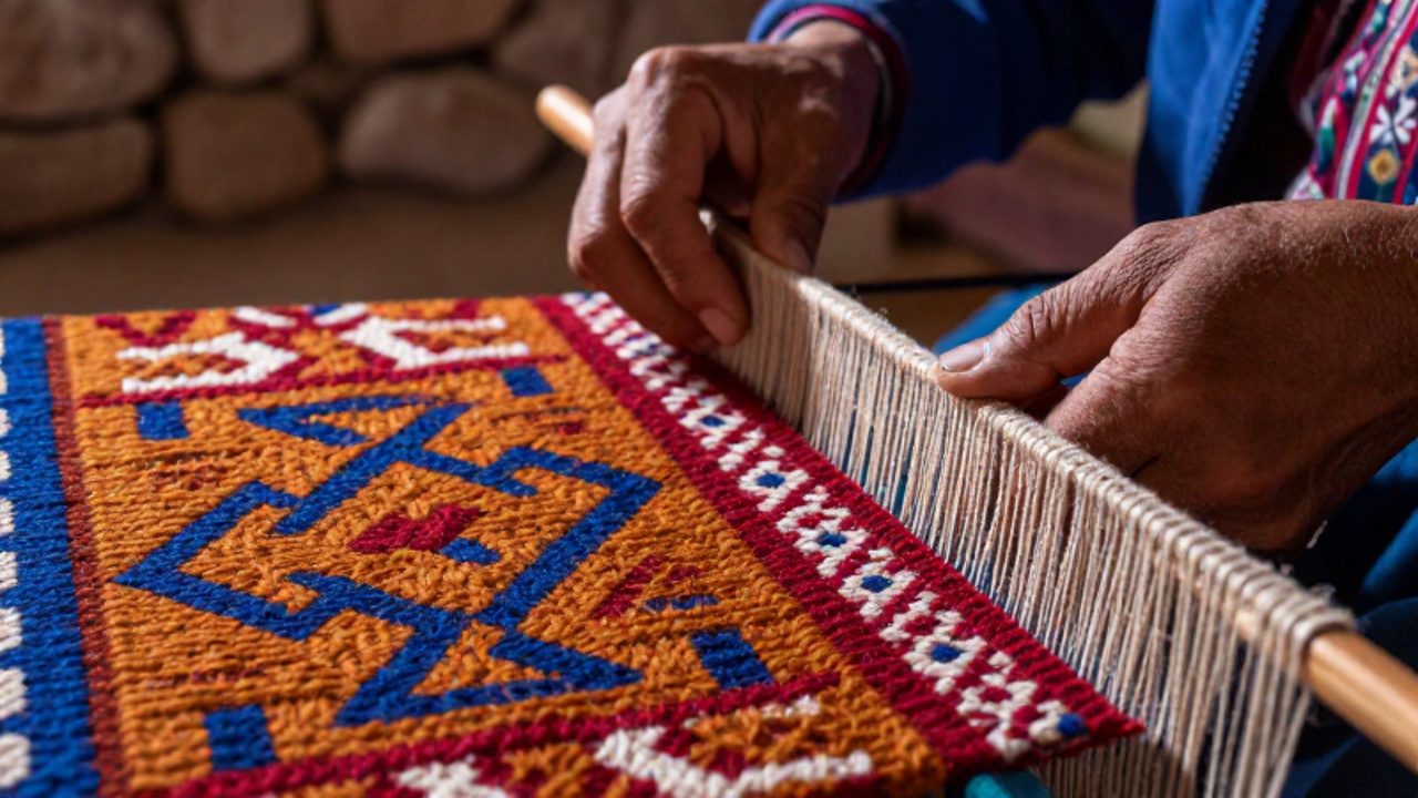 Manos de un tejedor Wari entrelazando hilos de lana de colores intensos en un telar de cintura con patrones geométricos complejos.
