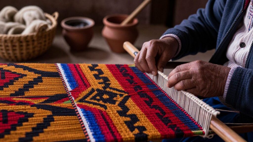 Manos de un tejedor trabajando en un telar de cintura con fibras de lana de colores en un patrón geométrico complejo.