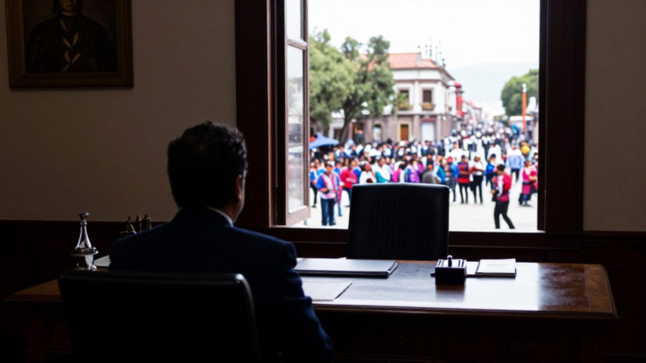 Un mandatario observa desde su oficina gubernamental una multitud que se reúne en la plaza de la ciudad.