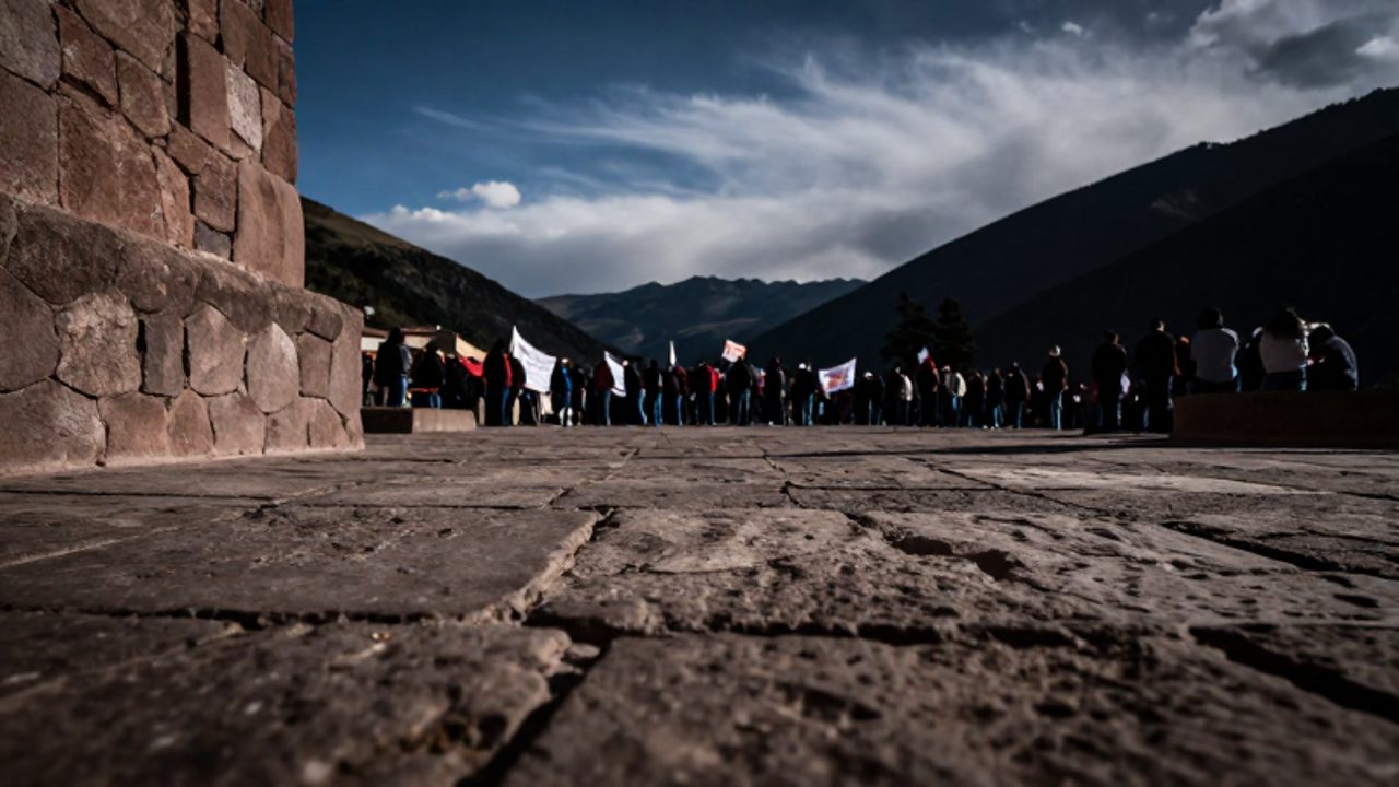 Multitud de personas con banderas congregada en un valle andino bajo un cielo dramático, simbolizando la distancia entre el poder y la ciudadanía rural.