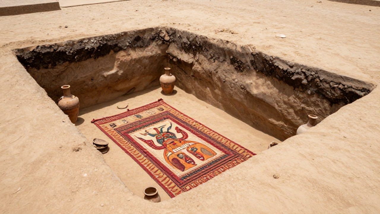 Excavación arqueológica de una cámara funeraria rectangular en el desierto de Paracas con textiles antiguos de patrones geométricos y piezas de cerámica.