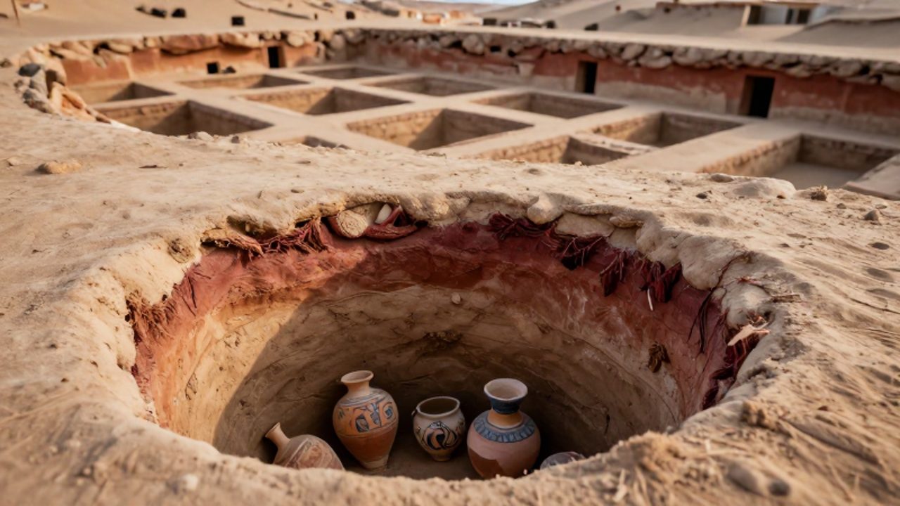 Excavación profunda en forma de cono de la fase Cavernas con fragmentos de cerámica en primer plano frente a las cámaras rectangulares organizadas de la fase Necrópolis al fondo.
