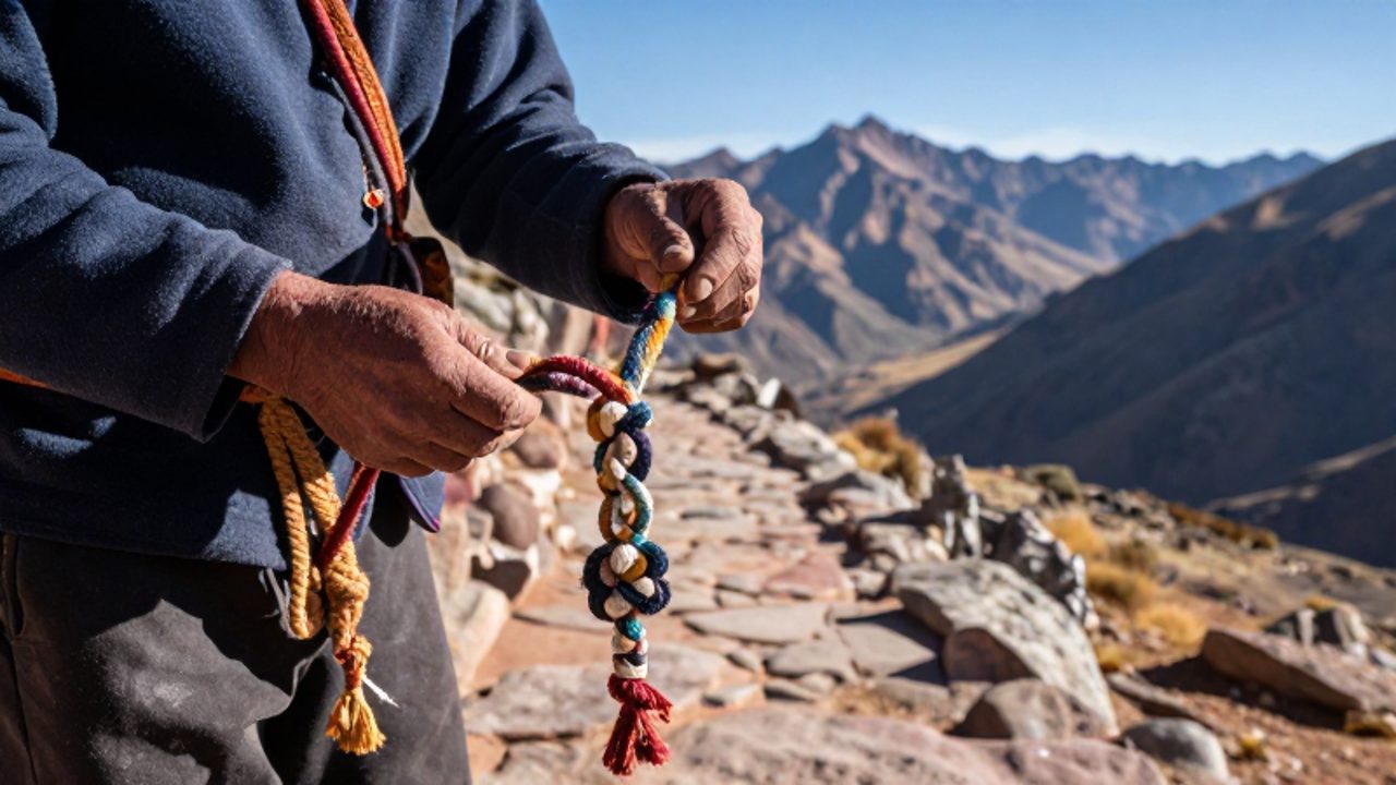 Manos de un mensajero inca sosteniendo un quipu de cuerdas anudadas de distintos colores mientras camina por un sendero de piedra en los Andes.