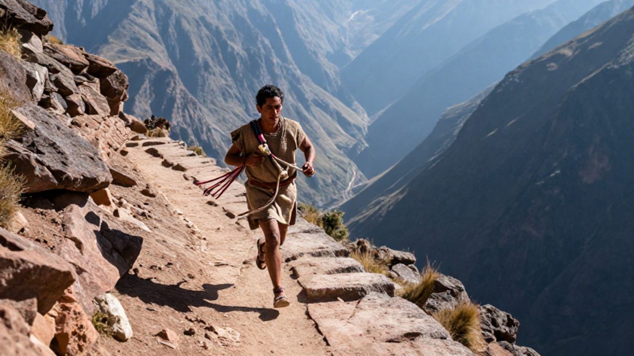 Un chasqui corre con determinación por un estrecho sendero de piedra en la montaña mientras sostiene un quipu contra su pecho.