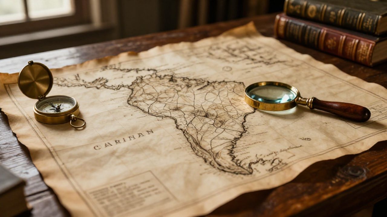Mapa antiguo de Sudamérica sobre una mesa de madera con una brújula de latón y una lupa sobre una región fronteriza.