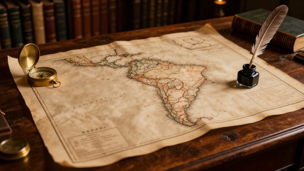 Mapa antiguo de Sudamérica con las fronteras cambiantes de Perú, acompañado de una brújula de latón y una pluma sobre una mesa de madera.