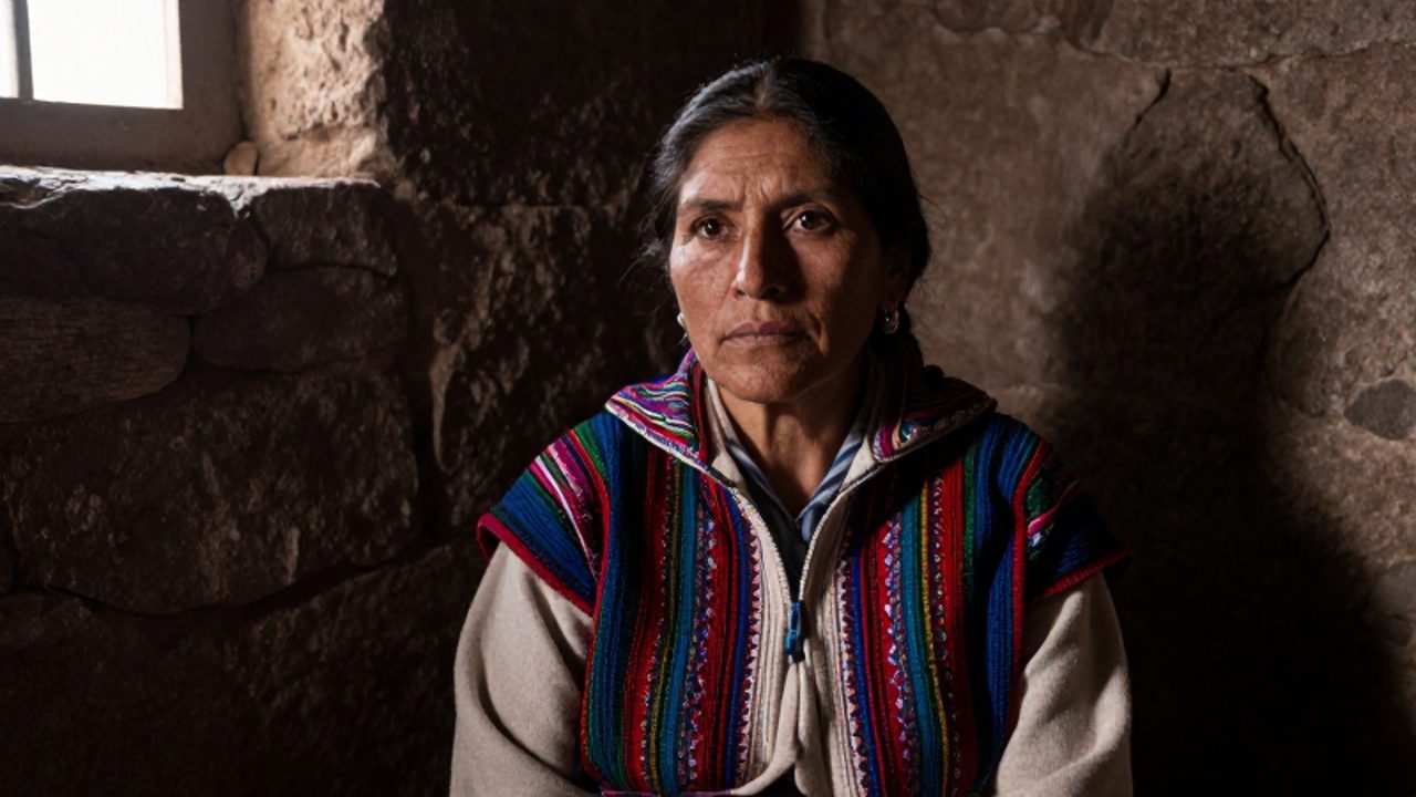 Mujer andina de mirada decidida y expresión serena sentada en una celda colonial de piedra durante la época de la independencia.